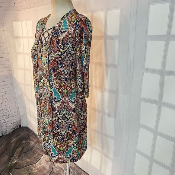 🔥5/25 sale🔥 Veronica M. Lace Up Long Sleeve Damask Print Mini Dress Size S - Picture 3 of 10